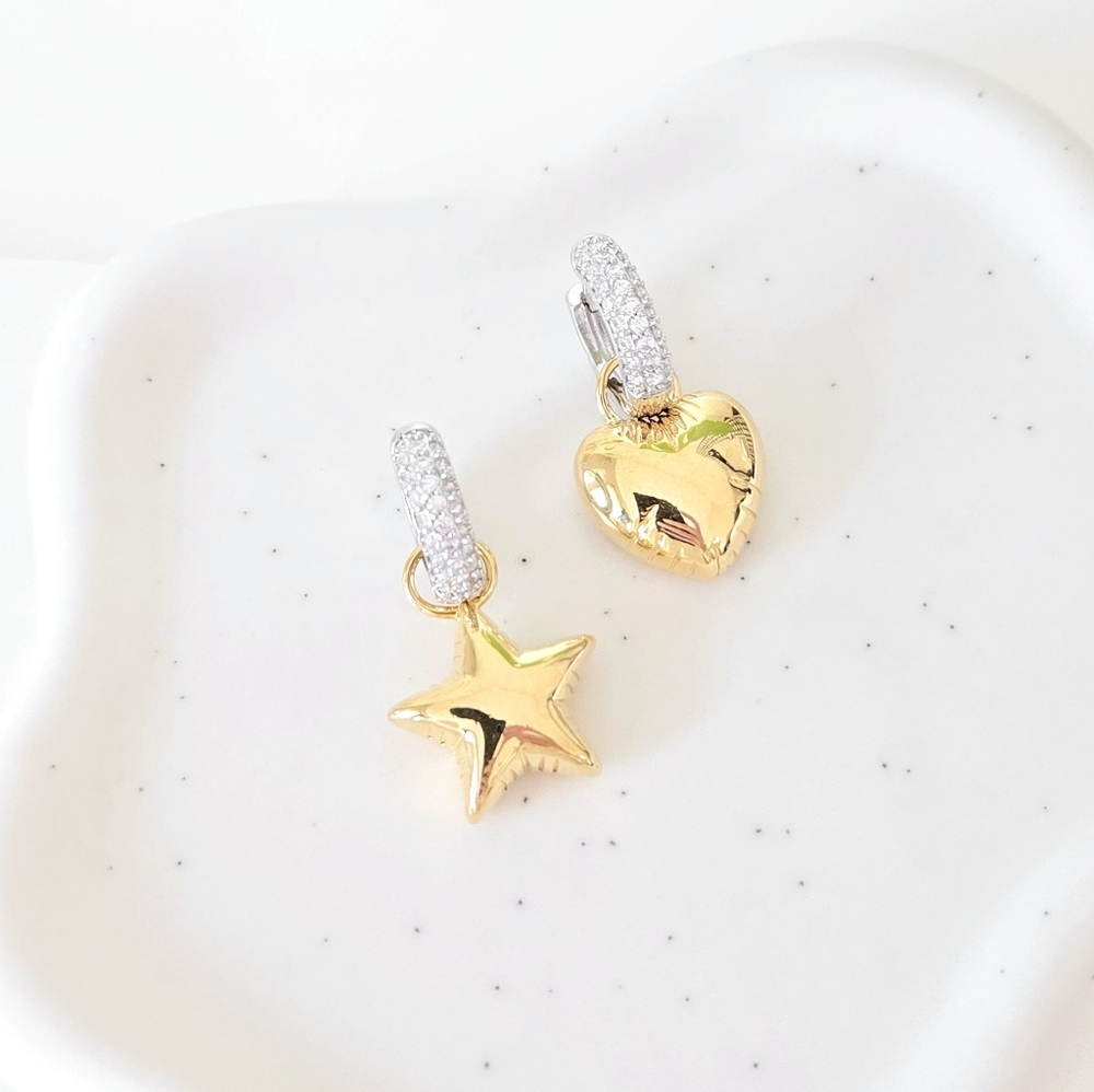 NEW 2-in-1 Two-Tone Balloon Heart & Star CZ Pave Huggie Hoop Earrings